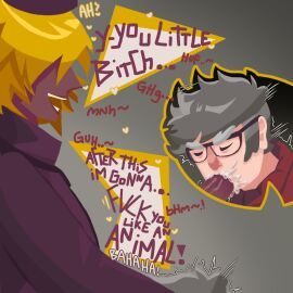 bill_cipher cum cum_in_mouth erect_penis fully_clothed gay gay_sex glasses gravity_falls grey_hair image kashatoma66 male male_only older_male penis sex_slave stanford_pines text