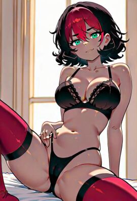 ai_generated bedroom bikini black_hair black_lace_trim black_trim bounce bouncing_breasts bra brown_skin civitai cookiasncream curly_hair cyan_eyes dark-skinned_female dark_skin female green_eyes kaybur_(series) kneeling kneeling_female la_gran_guerra_(series) lingerie lingerie_only looking_at_viewer night only_female pov rain red_lingerie short_hair smiling smiling_at_viewer sofia_eskáy_(character) stockings string_panties tagme thin thin_female video