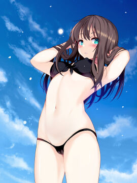 1girls arms_up belly_button bikini bikini_bottom bikini_top blue_eyes blush breasts brown_hair cloud crotch_seam female female_focus idolmaster idolmaster_cinderella_girls navel nipple_bulge okuri_banto shibuya_rin sky solo solo_focus swimsuit swimwear thighs two-piece_swimsuit two_piece_swimsuit