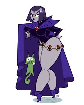 1girls annoyed beast_boy big_breasts breasts cape cowl dc dc_comics feline female goodbyellow grey_body grey_skin leotard lipstick looking_down pale_skin purple_eyes purple_hair rachel_roth raven_(dc) short_hair teen_titans thick_thighs thighs wide_hips