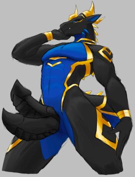 2_penises animal_genitalia animal_penis anthro bedroom_eyes black_body blue_eyes diphallia diphallism dragon genitals golden_markings hand_on_leg hand_on_thigh hemipenes hi_res horn humanoid lewdaesthetics lizard low-angle_view male markings multi_genitalia multi_penis mythological_creature mythological_scalie mythology narrowed_eyes penis presenting presenting_penis reptile scalie seductive smile smirk solo striped_markings striped_tail stripes tail tail_markings thick_tail xin_(lewdaesthetics) yellow_horn