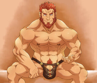 balls bara beard bulge facial_hair fate_(series) flaccid iskandar_(fate) male male_only muscles muscular penis sitting solo solo_male torieda yaoi