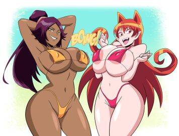 2girls alternate_version alternate_version_available azazel_ameri big_breasts bikini bleach bouncing_breasts breasts dark-skinned_female dark_skin demon demon_girl fat_breasts female flat_belly grimphantom humanoid large_breasts long_hair mairimashita!_iruma-kun pointy_ears purple_hair red_hair shihouin_yoruichi