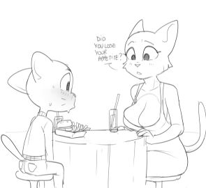 1boy 1girls 2020s 2024 age_difference anthro anthro_female anthro_male anthro_on_anthro anthro_only asking asking_another ass bare_shoulders bent_arm bent_leg beverage big_breasts big_ears big_eyes biped black_and_white black_text blush blush_lines bottomwear breasts burger cartoon_network cat cat_boy cat_girl cheek_tuft cleavage cleavage_overflow clothed clothed_anthro clothed_female clothed_male clothing container crossover crossover_ship cub cup curved_eyebrows date dbaru dialogue digital_drawing_(artwork) digital_media_(artwork) domestic_cat dress drinking_straw duo english english_text eyebrows eyelashes facial_tuft felid feline felis female fingers food fries fully_clothed fully_clothed_anthro fully_clothed_male fur fur_tuft furniture furry furry_female furry_male furry_only gumball_watterson huge_breasts humanoid_hands iris katia_managan khajiit larger_female looking_at_another looking_at_another's_breasts looking_at_breasts looking_at_partner male male/female male_cub mammal markings microsoft monochrome no_artist_signature no_bra no_pupils older_female older_female_and_younger_male on_stool open_mouth pants pockets prequel_adventure prick_ears question questionable_age sitting sitting_on_stool size_difference skimpy smaller_male snout stool straight sweater table tail talking_to_another talking_to_partner text the_amazing_world_of_gumball the_elder_scrolls thin_eyebrows three-quarter_view topwear tuft url warner_bros warner_brothers webcomic whisker_markings wide_eyed yes-no_question young young_anthro young_male younger_male