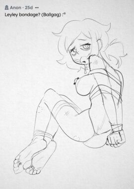 1girls 2024 arms_behind_back ashley_graves ass barefoot bite_mark bite_mark_on_ass bite_mark_on_leg bondage breasts feet female femsub gag looking_at_viewer monochrome nipple_piercing nipples no_color nude piercing ponytail saliva saliva_trail sketch soles solo the_coffin_of_andy_and_leyley tied_hands xu53r