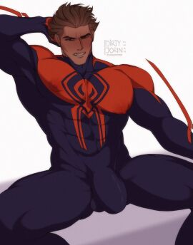 1boy bara bodysuit bulge clothing d1rtyj0rin dark-skinned_male dark_skin flaccid hispanic hispanic_male looking_at_viewer male male_only marvel marvel_comics miguel_o'hara muscular muscular_male penis penis_outline skin_tight solo spider-man spider-man:_across_the_spider-verse spider-man_(series) spider-man_2099 tight_clothing yaoi