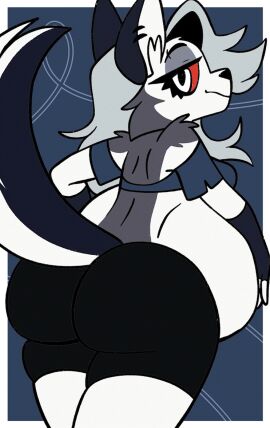 2d_animation animated anthro anthro_pred arm_tuft ass belly big_ass big_belly big_butt blinking blue_background bottomwear breasts canid canid_demon canine canis clothed clothing dark_eyelids demon ear_piercing female female_pred fingerless_gloves fur furry gloves grey_body grey_fur grey_hair hair hair_over_eye hand_on_own_belly handwear hellhound helluva_boss high_framerate huge_belly larger_pred loona_(helluva_boss) mammal mythological_canine mythological_creature mythology one_eye_obstructed piercing pompuffy_(artist) rear_view red_sclera short_playtime shorts shoulderless_shirt simple_background size_difference solo stomach_bulge tail thick_thighs tuft vore white_belly wolf