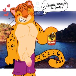absurd_res alcohol animal_print anthro beer beverage beverage_can blush bodily_fluids body_hair bottomwear bubble central_american_games closed_eyes clothed clothing container costa_rica countershade_torso countershading digital_media_(artwork) dripping drunk drunk_bubble felid flaccid flustered foreskin fur genital_fluids genitals hair hi_res holding_object humanoid_genitalia humanoid_penis jaguar leaking_precum legguflops male mammal markings mascot muscular muscular_male namu_(central_american_games) pantherine partially_clothed partially_clothed_anthro partially_retracted_foreskin pecs penis photo_background photography_(artwork) precum precum_drip precum_on_penis precum_string presenting presenting_penis pubes purple_clothing smile solo spanish_text spots substance_intoxication swimming_trunks swimwear tail teeth text translated whisker_spots whiskers