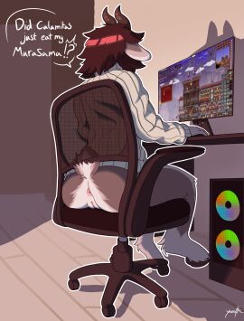 absurd_res anthro anus ass ava_(yaravik) bottomless bovid caprine chair clothed clothing computer dialogue digital_media_(artwork) electronics english_text female fur furniture genitals goat hair hi_res horn mammal pussy simple_background sitting solo tail terraria text topwear white_body white_fur yaravik