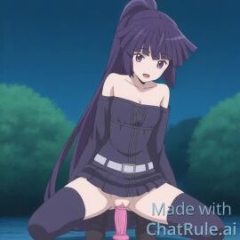 1girls ai_generated akatsuki bare_shoulders belt blunt_bangs breasts bush cleavage collarbone detached_sleeves dildo dildo_riding dress female full_body huge_dildo imminent_penetration lipstick log_horizon long_sleeves looking_at_viewer makeup medium_breasts night no_panties off-shoulder_dress outdoors pleated_dress pussy sex_toy shoes smile solo spread_legs strapless strapless_dress tagme thighhighs video