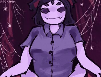 1girls 2d 2d_(artwork) 2d_animation alternate_version_at_source animated animated_gif animation anthro anthro_only bare_breasts big_breasts black_hair breast_focus breasts breasts_focus breasts_out breasts_out_of_clothes breasts_popping_out busty chest collared_shirt curvaceous curvy curvy_female curvy_figure exposed_breasts female female_focus female_only gif hair_ribbon huge_breasts humanoid large_breasts lashsleeper leanne_crow_breasts_popping_out meme meme_reference muffet purple_body purple_hair purple_skin ribbon rotoscoping short smile smiling solo solo_female solo_focus spider spider_girl spider_humanoid spiders tagme toby_fox undertale undertale_(series) voluptuous voluptuous_female