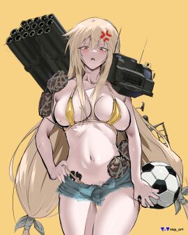 1girls absurd_res absurd_resolution angry belly belly_button big_breasts blonde-haired_female blonde_hair booty_shorts bra breasts color colored female female_only football high_res high_resolution looking_at_viewer looking_down looking_down_at_viewer mole mole_on_breast mole_on_stomach nisp_art original pubic_hair pubic_hair_peek sharp_teeth solo stomach tattoo teeth teeth_showing tummy