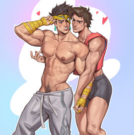 2boys abs athletic_male bara biceps big_bulge bulge clothing crop_top erection_under_clothes gay holding_hands iron_fist iron_fist_(marvel_rivals) keedotheweirdo lin_lie male male/male male_nipples male_only marvel marvel_comics marvel_rivals masculine_male muscular muscular_male nipples pecs penis penis_outline peter_parker spider-man spider-man_(marvel_rivals) spider-man_(series) toned_body toned_male twink twunk yaoi