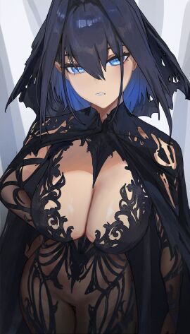 1girls black_hair blue_eyes blue_hair breasts chronopattern_dress cleavage clothed clothing dress female female_only hololive hololive_english hololive_english_-council- hololive_english_-promise- huge_breasts koizumi_arata light-skinned_female light_skin meme_attire ouro_kronii solo virtual_youtuber