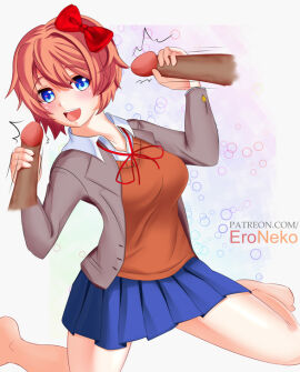 clothed dark-skinned_male dark_skin doki_doki_literature_club double_handjob eroneko female fully_clothed interracial male on_knees sayori_(doki_doki_literature_club)