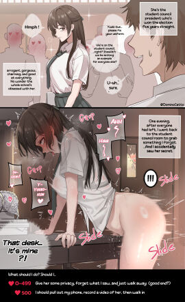 ahe_gao ass bottomless bottomless_female bra bra_removed corner_masturbation dominocatto ejaculation female female_ejaculation female_masturbation female_orgasm long_hair masturbation masturbation_through_clothing moaning moaning_in_pleasure no_bra no_panties original original_character pussy pussy_juice rubbing_pussy school_uniform table table_humping table_sex text unworn_bra wet white_bra