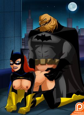 1boy 1girls barbara_gordon batgirl batgirl_(barbara_gordon) batgirl_(the_new_batman_adventures) batman:_the_animated_series batman_(series) blue_eyes breasts breasts_out clayface dc dc_comics dcau doggy_style enemies_to_lovers enemies_with_benefits female justicehentai.com lipstick looking_back male nipples red_hair sex straight superheroine the_new_batman_adventures