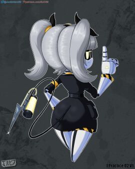 ass ass_focus clothed digital_media_(artwork) disassembly_drone fanart female female_only glitch_productions grey_hair j_(murder_drones) jackintaro looking_at_viewer looking_back murder_drones robot robot_girl simple_background tail twintails yellow_eyes