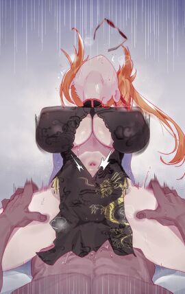 belly_button big_breasts blue_eyes breasts china_dress deep_penetration eonsang female girls'_frontline hands_on_thighs head_back implied_sex kalina_(girls'_frontline) orange_hair pov sex tagme