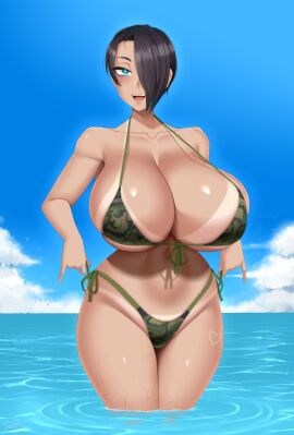 1girls bakunyuu belly_button bikini bikini_tan black_hair blue_eyes blue_sky blue_water breasts cleavage clouds cloudy_sky curvaceous enormous_breasts female female_only gigantic_breasts hair_over_one_eye hand_in_own_hair heart heart_tan hi_res horizon hourglass_figure huge_breasts in_water lips looking_at_viewer massive_breasts navel ocean original original_character outdoors partially_submerged pinup_(style) saya_(twrlare) short_hair smile smiling_at_viewer solo solo_female suntan swimsuit tan tanline tanned tanned_female tanned_skin thick_thighs twrlare voluptuous voluptuous_female water wet