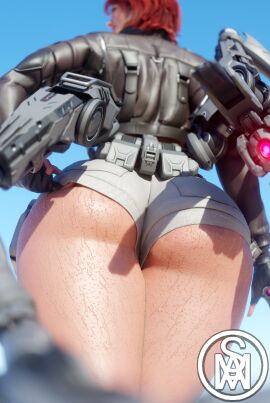 1girls 3d blender booty_shorts clothing female gloves harris_(the_first_descendant) light-skinned_female middlemansfm red_hair robotic_arm shorts solo solo_female sweat sweatdrop sweating tagme the_first_descendant