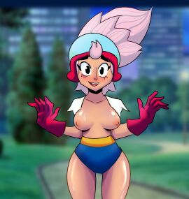 1girls brawl_stars breasts female helmet janet_(brawl_stars) light-skinned_female light_skin looking_at_viewer night park pink_hair simple_eyes suglir video_games