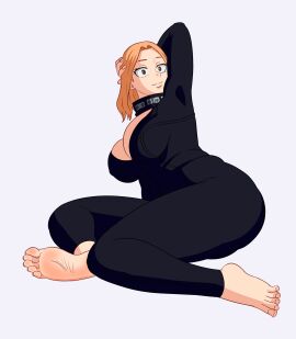 1girls barefoot big_breasts blonde-haired_female blonde_hair boku_no_hero_academia boob_window breasts camie_utsushimi catsuit feet female fetish jumpsuit long_hair looking_at_viewer my_hero_academia orange_hair soles solo