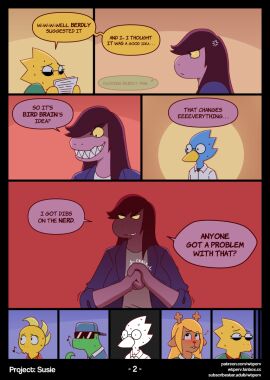 2024 alphys alphys_(deltarune) angry anthro beak berdly blonde_hair blue_bird blue_body blue_feathers bodily_fluids brown_body brown_fur classroom clothing colored comic cracking_knuckles deer deltarune dialogue dinosaur english_text eyewear feathers female fur furry glasses green_body green_clothing green_jacket green_scales green_shirt green_t-shirt green_topwear grin group hair hat headgear headwear jacket jockington_(deltarune) male mammal monster monster_kid necktie nervous noelle_holiday pink_body pink_scales prehistoric_species purple_clothing purple_hair purple_jacket purple_topwear red_clothing red_shirt red_topwear reptile scales scalie scared school shaded shirt smile snake speech_bubble sunglasses susie_(deltarune) sweat t-shirt text topwear undertale_(series) url whistling white_clothing white_shirt white_t-shirt white_topwear wtperv yellow_beak yellow_body yellow_scales yellow_sclera