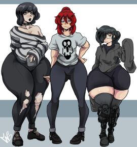 3boys bikowolf1 black_hair black_lipstick bottom_heavy clothing commission femboy front_view glasses goth hair_over_one_eye lipstick looking_at_viewer male male_only original original_character png red_hair spiked_collar thick_thighs thunder_thighs wide_hips