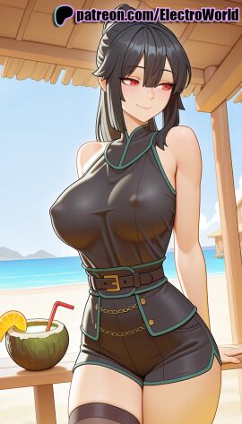 1girls 2025 ai_generated artist_name beach black_hair blue_sky boat breasts bust chest day electroworld female food fruit hi_res high_quality high_resolution highres horizon jasmine_flamesworth lemon ocean patreon patreon_username red_eyes sand sitting sky smile solo stable_diffusion swimsuit table the_beginning_after_the_end water watercraft watermark watermelon