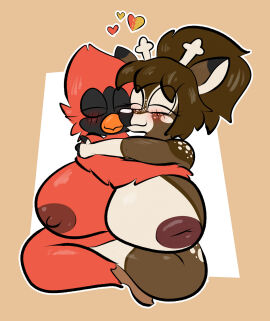 2_heads anthro antlers avian avian_feet beak bird black_nose blush brown_body brown_fur brown_hair brown_nipples deer dipstick_ears ear_markings female fingers fur gloves_(marking) heart hi_res horn hug leg_markings mammal markings mismatched_nipples multi_head multicolored_body multicolored_ears multicolored_fur nipples non-mammal_nipples orange_beak red_body red_nipples simple_background sitting skewedl0gic socks_(marking) solo tan_antlers tan_background