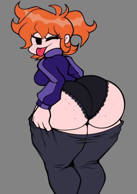 1girls ass black_panties d-side_girlfriend fat_ass fat_butt female female_only freckles freckles_on_ass freckles_on_face friday_night_funkin friday_night_funkin_(d-side) friday_night_funkin_mod ginger ginger_hair grey_background mrdrezq oral_sex orange-haired_female panties pants_down solo solo_female tongue tongue_out tounge_out wink winking_at_viewers