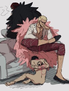 3boys arm_tattoo arms_behind_back ass back back_tattoo black_hair blonde_hair bound bound_arms brother brothers coat completely_nude devil_fruit_power donquixote_doflamingo donquixote_pirates_jolly_roger donquixote_rosinante evil_grin evil_smile gay grin hand_tattoo heart heart_tattoo height_difference k84612 leg_hair male male_focus male_only multiple_boys multiple_males nude one_piece pink_coat shirt short_hair shoulder_tattoo siblings sitting size_difference smile smoking sunglasses tattoo thread trafalgar_law white_shirt yaoi
