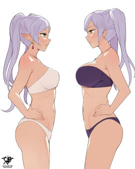 2girls alternate_costume bandeau bikini black_bikini braid breasts brown_eyes crossover drop_earrings earrings elf english_commentary english_text female female_only fire_emblem fire_emblem_awakening frieren from_side green_eyes grey_hair hands_on_own_hips jewelry kaos_art long_hair looking_at_another medium_breasts multiple_females multiple_girls navel nintendo panties pointy_ears profile purple_bikini purple_swimsuit robin_(fire_emblem) robin_(fire_emblem)_(female) same_hairstyle simple_background small_breasts sousou_no_frieren standing strapless strapless_bikini swimsuit tube_top twintails under_boob underwear white_background white_bikini white_swimsuit