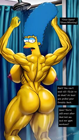 20th_century_fox ai_assisted big_breasts breasts dialogue_bubble female marge_simpson nice_ass showering the_simpsons yellow_skin