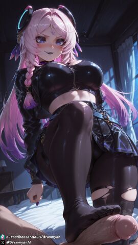 1girls ai_generated barefoot big_breasts blue_eyes breasts citlali_(genshin_impact) clothed clothed_female clothed_female_nude_male curvy curvy_body curvy_female dreamyan_ai feet footjob genshin_impact goth goth_girl hi_res high_quality high_resolution highres long_hair makeup pantyhose pink_hair smile smiling thick_ass thick_thighs thighs toes torn_clothes uncensored