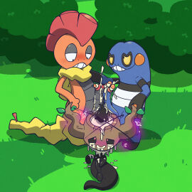 3boys argon_vile balls blush bodily_fluids croagunk cum cum_drip cum_drool cum_drunk cum_from_eyes cum_from_mouth cum_in_head cum_in_mouth cum_inside dazed dripping forest frottage generation_4_pokemon generation_5_pokemon generation_6_pokemon genital_fluids genitals ghost grin group handjob hi_res male male/male male_only masturbation nintendo outside_sex penile penile_masturbation penis phantump plant pokemon pokemon_(species) precum scrafty sex shrub smile smug spirit tree tree_stump trio