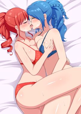 2girls aikome_(haikome) bra braid braided_ponytail breast_press breasts closed_eyes curvy earrings face-to-face female fingering fingering_through_clothes fingering_through_panties french_kiss from_side glasses grabbing_another's_breast grin groping heavy_breathing highres hug jewelry kissing lace lace-trimmed_bra lace-trimmed_panties lace_trim large_breasts lingerie looking_at_another multiple_females multiple_girls original panties ponytail purple_bra purple_hair purple_panties pussy pussy_juice red_bra red_hair red_panties saliva saliva_trail smile thick_thighs thighs through_clothes tongue tongue_out torso_grab underwear yuri
