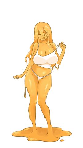 big_breasts big_thighs breasts cheese eyes female slime slime_girl yellow yellow_hair