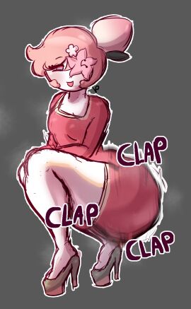 1boy 2d 2d_(artwork) ass big_ass big_thighs candiedkelp colored cookie_run cookie_run_kingdom femboy femboy_only grey_background happychaoz high_heels huge_ass large_ass large_thighs male male_only onomatopoeia peach_blossom_cookie self_upload shaded solo squatting tagme thick_thighs thighs twerking