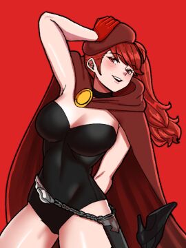 1girls 3:4 alternate_costume anna_(fire_emblem) anna_(fire_emblem)_(cosplay) anna_(fire_emblem_warriors) beret big_breasts black_choker black_leotard blush breasts cape choker clothing cosplay crossover female female_only fire_emblem fire_emblem_warriors gloves hat high_heels highres huge_breasts human kasumi_yoshizawa large_breasts leotard light-skinned_female light_skin long_hair medium_breasts megami_tensei mnejing mnejing30 nintendo open_mouth outerwear pale-skinned_female pale_skin persona persona_5 persona_5_royal phantom_thief_suit ponytail red_background red_cape red_eyes red_gloves red_hair red_hat sheath smile solo sumire_yoshizawa teeth upper_teeth