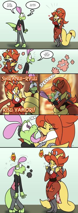 1boy 1girls 2d ass big_ass big_ears dialogue female flat_colors flirty fox fox_ears fox_girl french_kiss french_kissing furry green_body green_skin heart jamearts japanese_clothes jimmy_(jamearts) jimmy’s_sloppy_life king_of_fighters kissing lizard lizard_tail lizardman mai_shiranui_(cosplay) male nintendo pink_eyes pokemon pokemon_(species) poof red_eyes saliva saliva_trail scalie snk teleportation tongue tongue_kiss two-tone_body two-tone_fur wide_hips