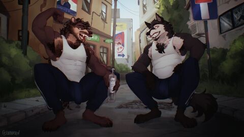 abs absurd_res alcohol anthro armpit_hair beard beverage bodily_fluids body_hair building bulge canid canine canis chest_hair clothed clothing detailed_bulge digital_media_(artwork) duo facial_hair flexing flexing_bicep fur genital_outline hi_res lucas_(lumarten) lumarten male mammal muscular muscular_anthro muscular_male nipple_piercing nipples open_mouth outside pecs piercing porcupine richie_(lumarten) rodent saliva saliva_string shirt slavic_squat smile smiling_at_viewer street tail tank_top teeth tongue tongue_out topwear vodka white_clothing white_shirt white_tank_top white_topwear wolf