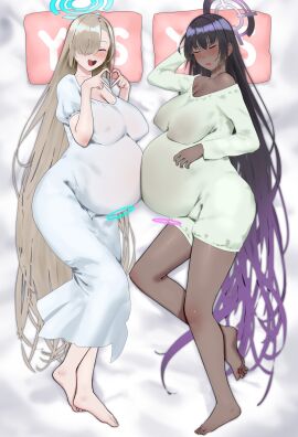 2girls 2pregnancy asuna_(blue_archive) barefoot bellies_touching blonde_hair blue_archive dark-skinned_female female female_only full_body halo inonice01 karin_(blue_archive) laying_on_bed light-skinned_female lying maternity_clothes maternity_dress nightgown pajamas pregnancy pregnancy_halo pregnant pregnant_belly pregnant_belly_to_pregnant_belly pregnant_female yes-no_pillow