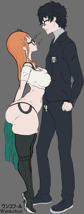 ass atlus big_breasts bigger_male breasts cum cum_through_clothes female glasses handsfree_ejaculation kissing male orange_hair persona persona_5 premature_ejaculation ren_amamiya sakura_futaba sketch tagme thick thick_ass thick_thighs tiptoes waiting wankofool