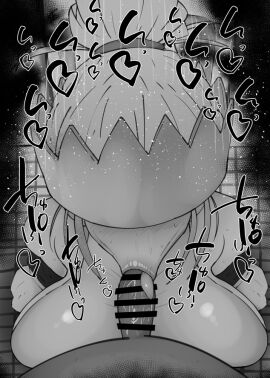 1boy 1girls :>= bare_shoulders big_breasts big_penis black_and_white blush breasts censored detailed_background drooling enen_no_shouboutai eyelashes fellatio female haumea_(enen_no_shouboutai) headgear heart human indoor inside kneeling kurotama looking_at_viewer male male_pov oral oral_sex penis pov room saliva shiny shiny_skin short_hair sketch sound_effects squatting sweat text tied_hair tongue_out vein veins veiny veiny_penis