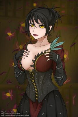 1girls 2d big_breasts black_hair breasts dragon_age dragon_age_origins dress female female_only image_set kef34 morrigan_(dragon_age) short_hair solo solo_female yellow_eyes