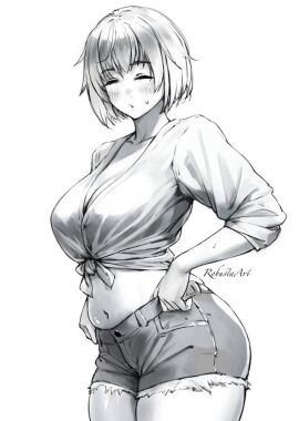 1girls 2024 2d 2d_(artwork) big_breasts breasts crop_top dungeon_meshi falin_touden female jorts modern_au monochrome pointy_chin questionable robustaart sfw standing
