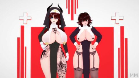 2girls 3d ass big_ass big_breasts big_butt breasts female milkyymomma nun tagme