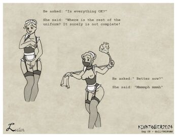 apron bare_breasts bondage bound breasts cleaning_tool english_text feather_duster female female_only femsub gag holding_object kinktober line_art luctem maid maid_apron maid_headdress maid_uniform monochrome partially_colored png revealing_clothes simple_background steel_bondage stockings text thighhighs uniform yoke yoke_(restraint)